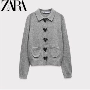 Zara Heather Gray Cardigan with Black bow accents